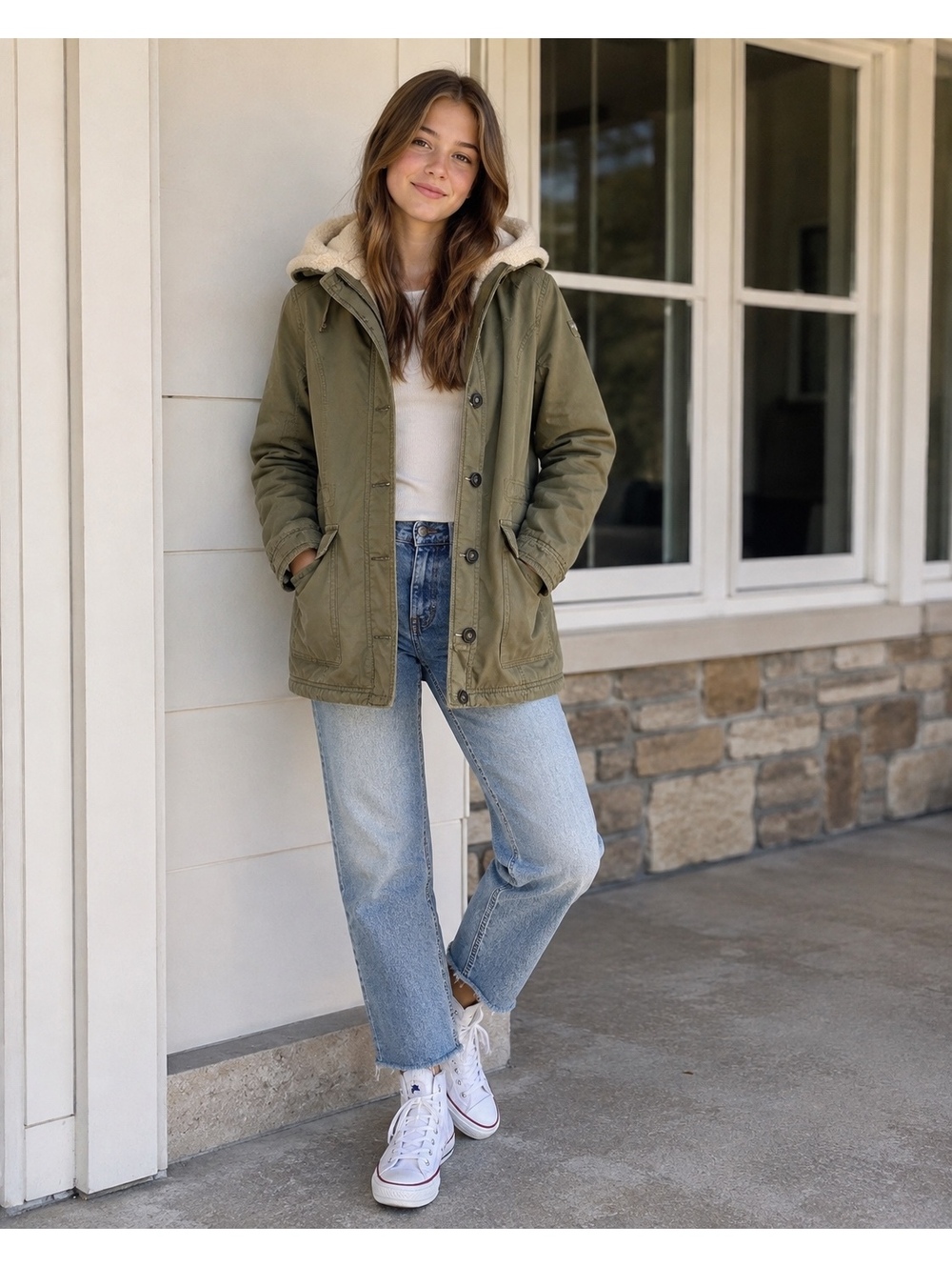 ABERCROMBIE KIDS Girls Jacket Size XL Olive Green Sherpa Lined Hooded Anorak